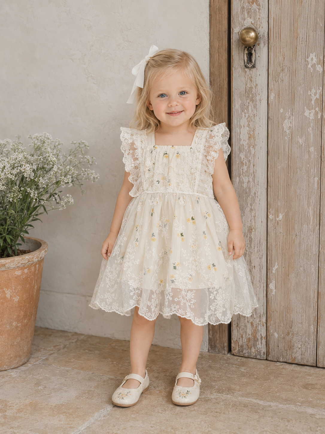 Young girl in a white lace dress standing in front of a wooden door.